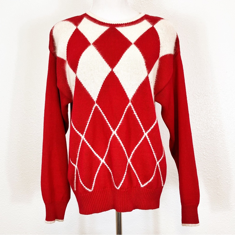 Vintage Colter Bay Long Sleeve Red & Cream Argyle Rabbit Blend Sweater Size L
